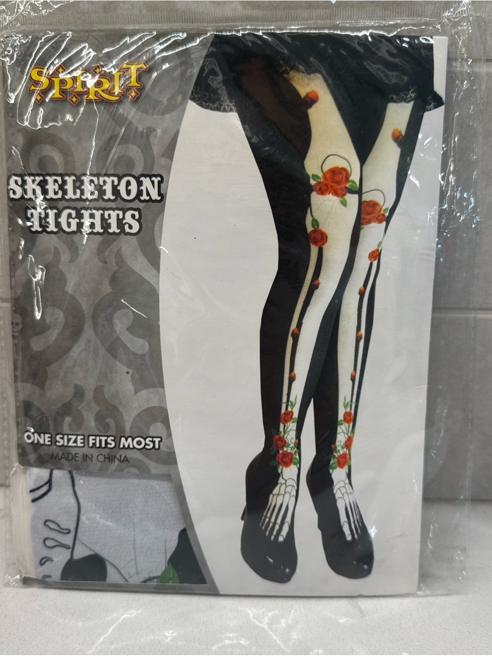 NWT Spirit Skeleton Tights with Rose Accent - Black & White